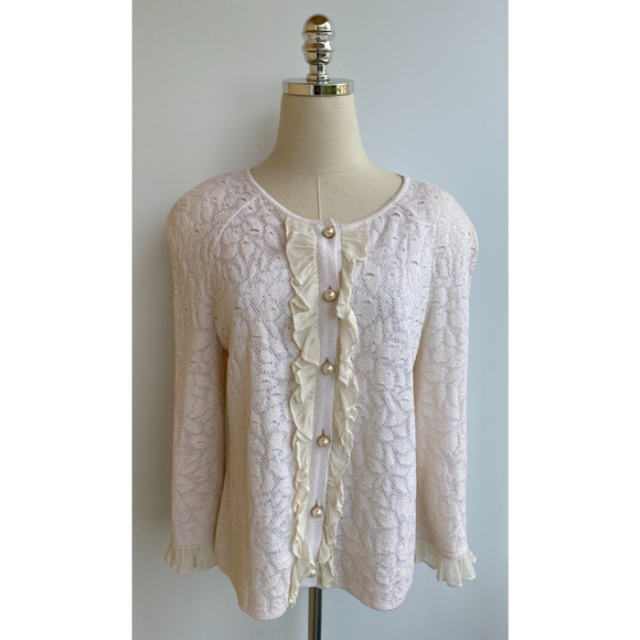 St. John Collection Ivory Cream Sweater Cardigan Pearl Buttons Ruffle Zip Sz M - Picture 1 of 7